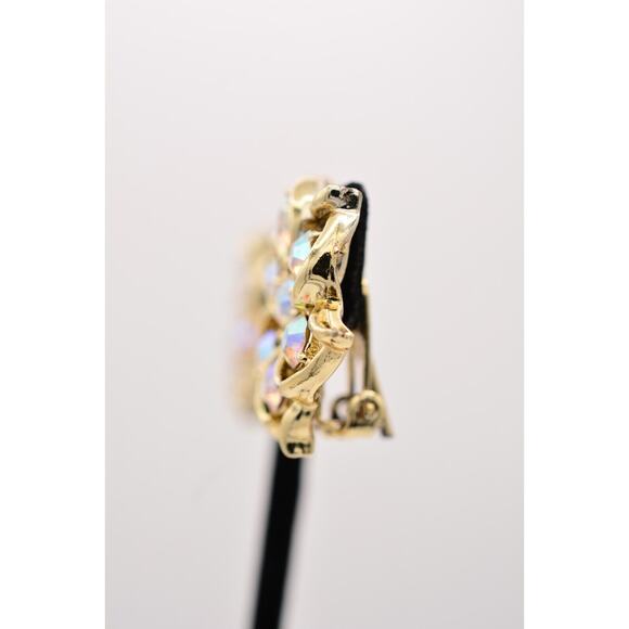 Vintage Crystal Clip On Earrings Flower Rhinestone Aurora Borealis Gold 60s BinZ - Picture 11 of 12
